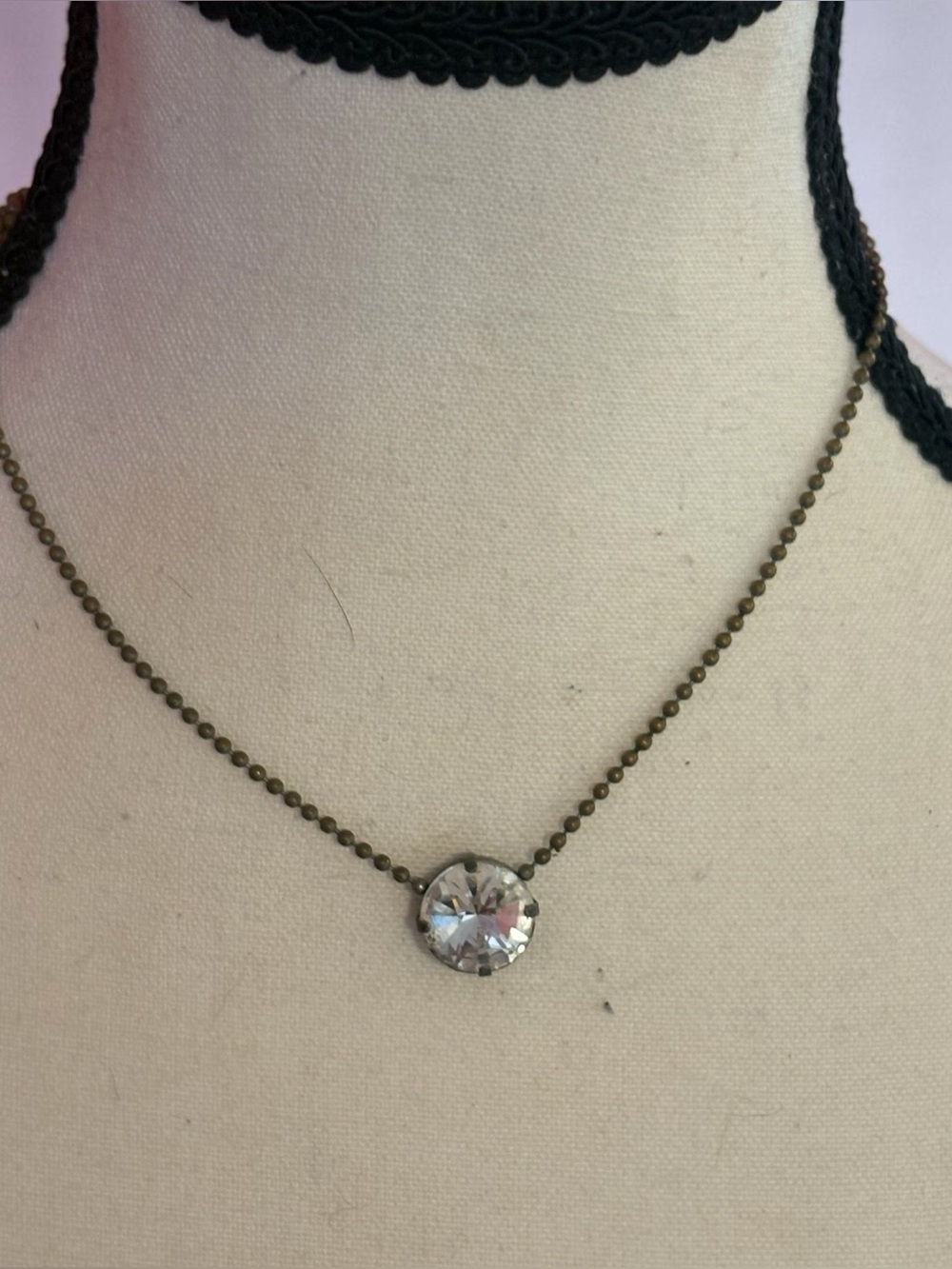 Sibka Crystal Solitaire Pendant Necklace Antique Brass Tone